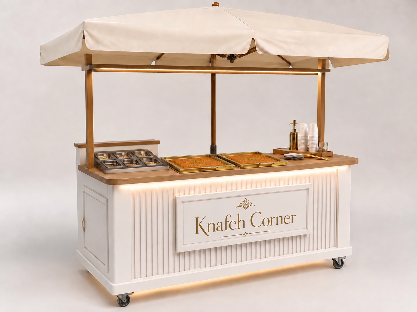 The ivory and brass Knafeh Corner live dessert cart
