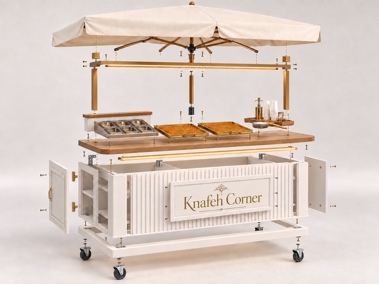 Exploded front view of the cart showing the canopy, counter, trays and cabinetry