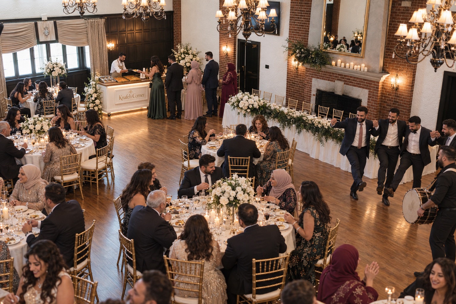A candlelit wedding reception with a live Knafeh Corner dessert station