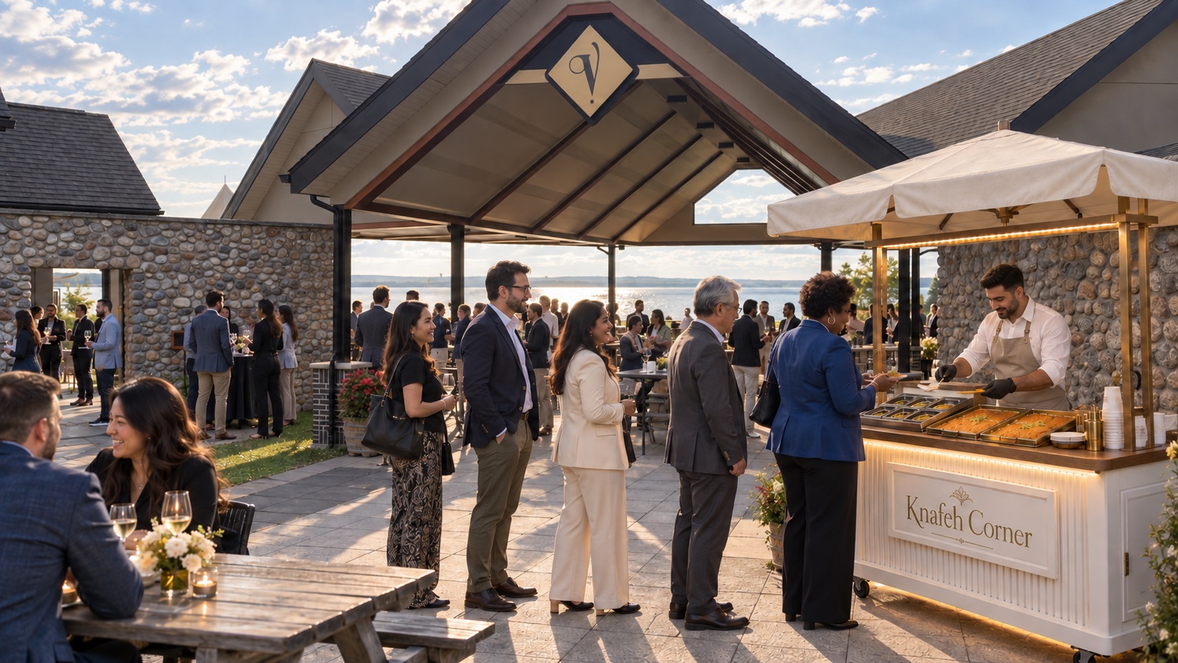 A waterfront business gathering with guests lining up at the knafeh cart