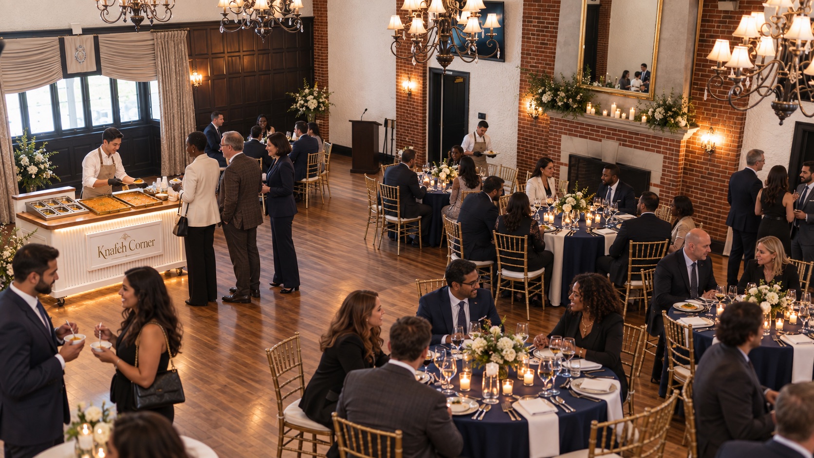 A corporate evening gala with guests gathered around the knafeh station