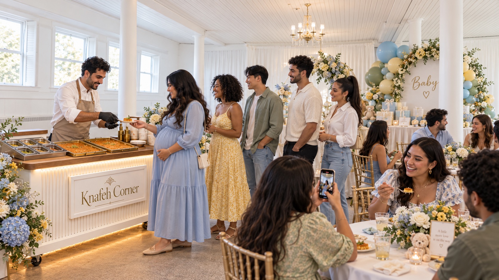 A bright blue and ivory baby shower with live knafeh service