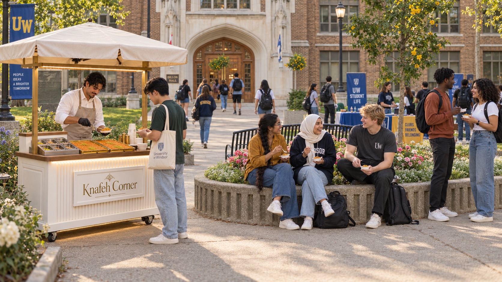 A University of Windsor student social beside Dillon Hall