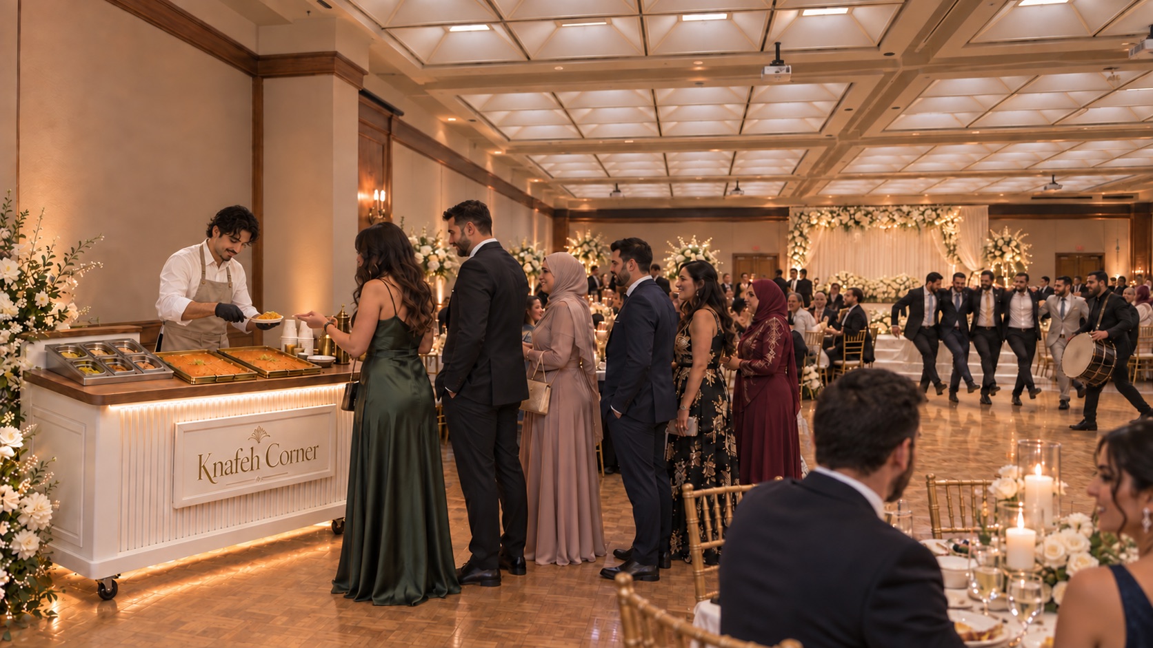 A wedding reception in a warm ballroom with live knafeh service