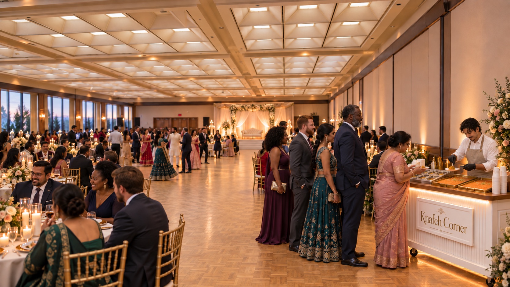 A multicultural ballroom wedding with guests lining up for knafeh