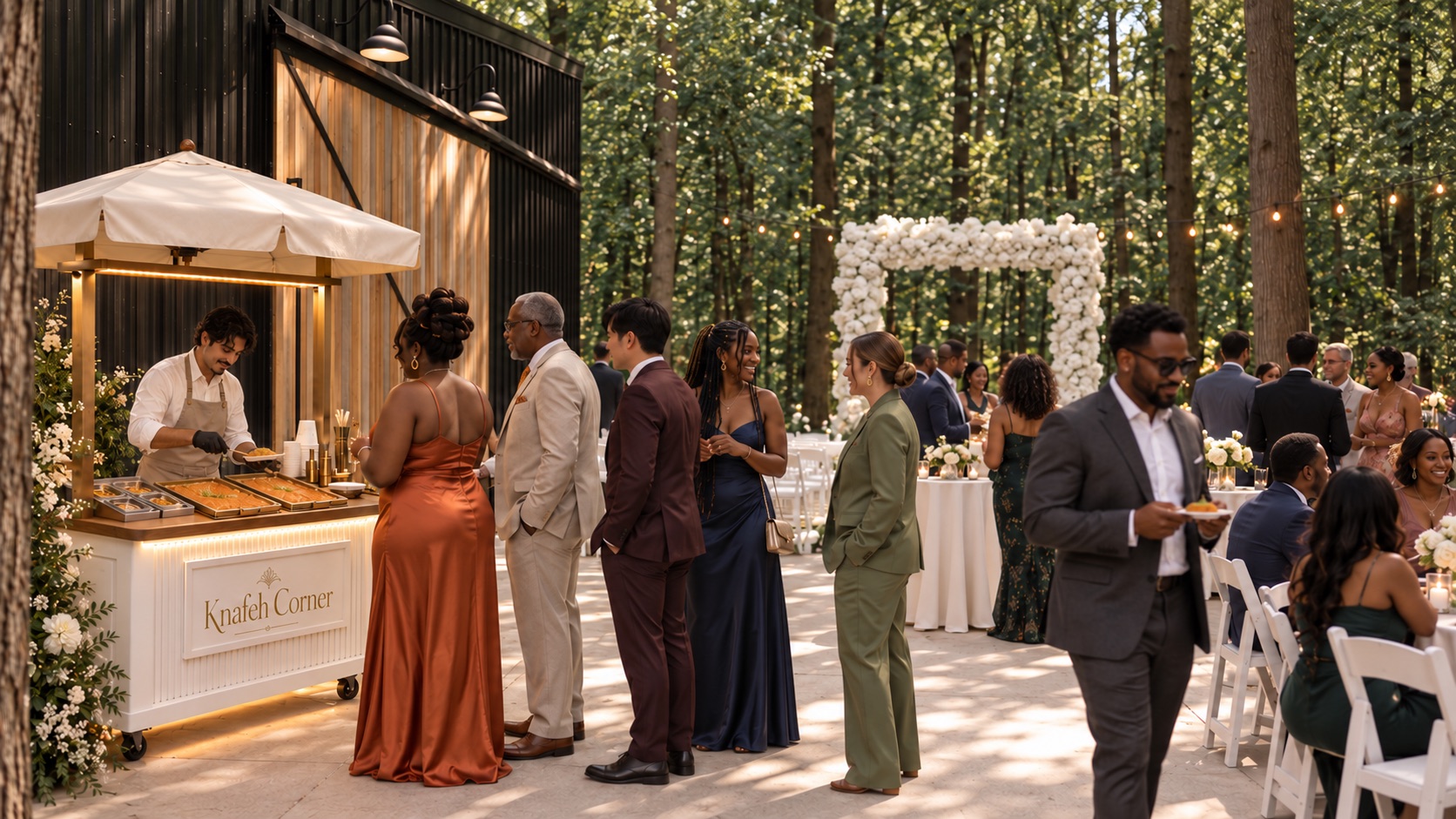 An outdoor wedding among mature trees with a canopy-topped knafeh cart